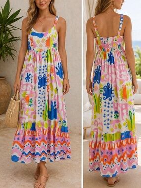 Paper Heart Abstract Print Maxi Dress Small Pink Blue Orange Smocked Back Boho